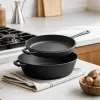 Black cast iron cookware set of 3 pieces, kitchen utensils for stewing, frying and stir-frying details Picture